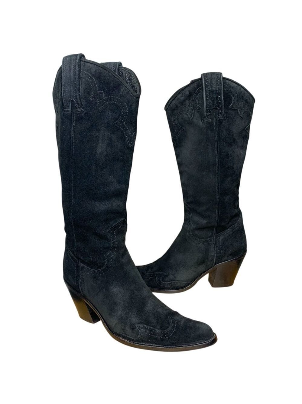Gerard Darel Paris Black Suede Cowboy Boots 37 Pointed Wing Tip Western Italy